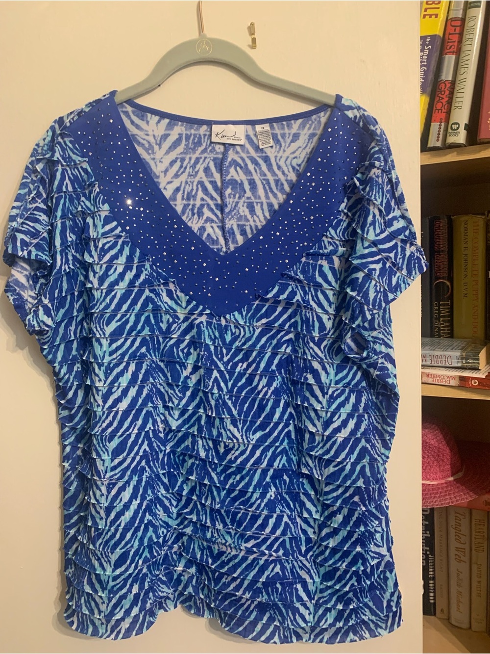 Kim Rogers Blue Zebra-Print Ruffle V-Neck Top with Rhinestone Trim